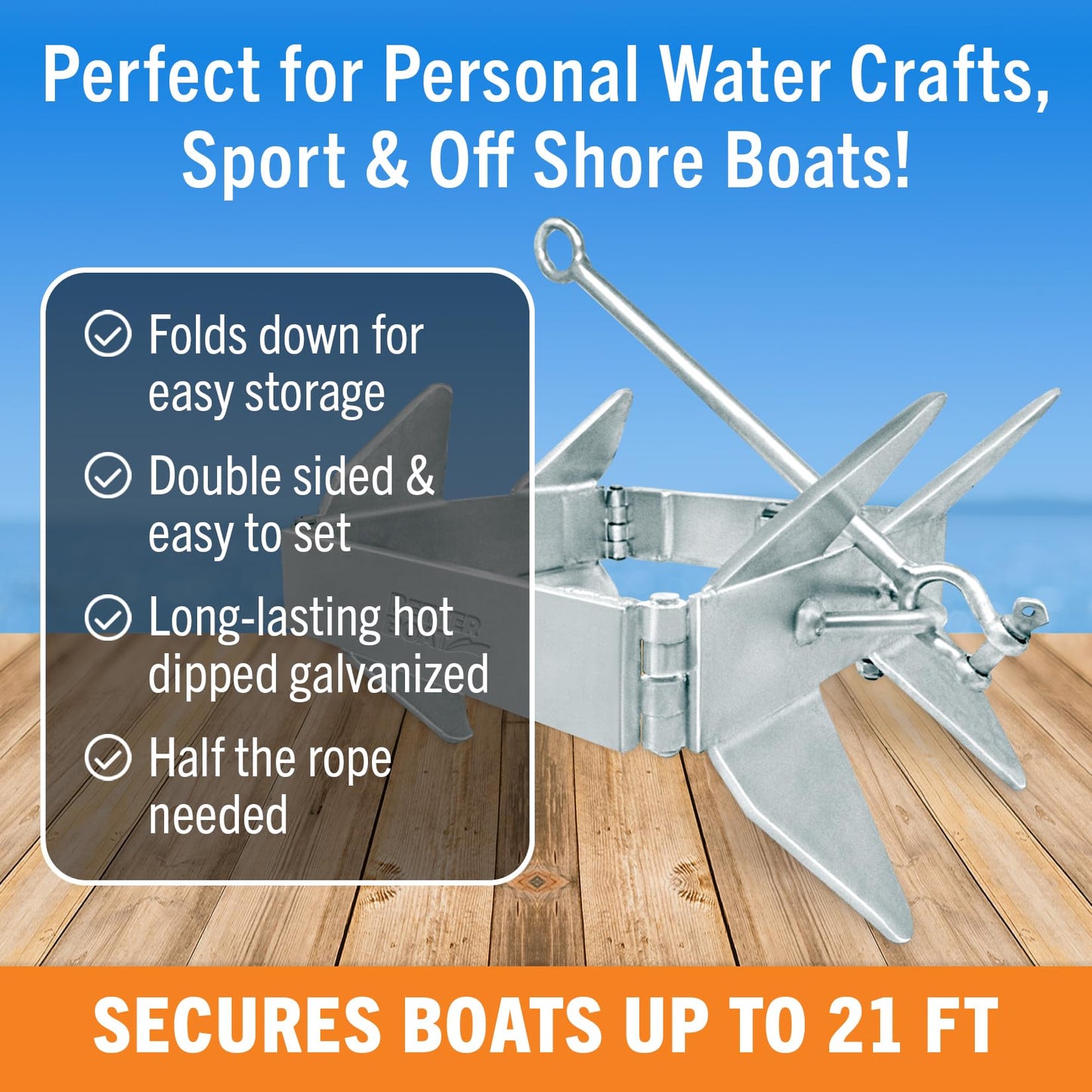 Better Boat 13lb Box Anchor for Boats up to 21ft, Folding Boat Anchor Hot Dip Galvanized, Double Sided Slide Anchor for Pontoon and Fishing Boats, Collapsible