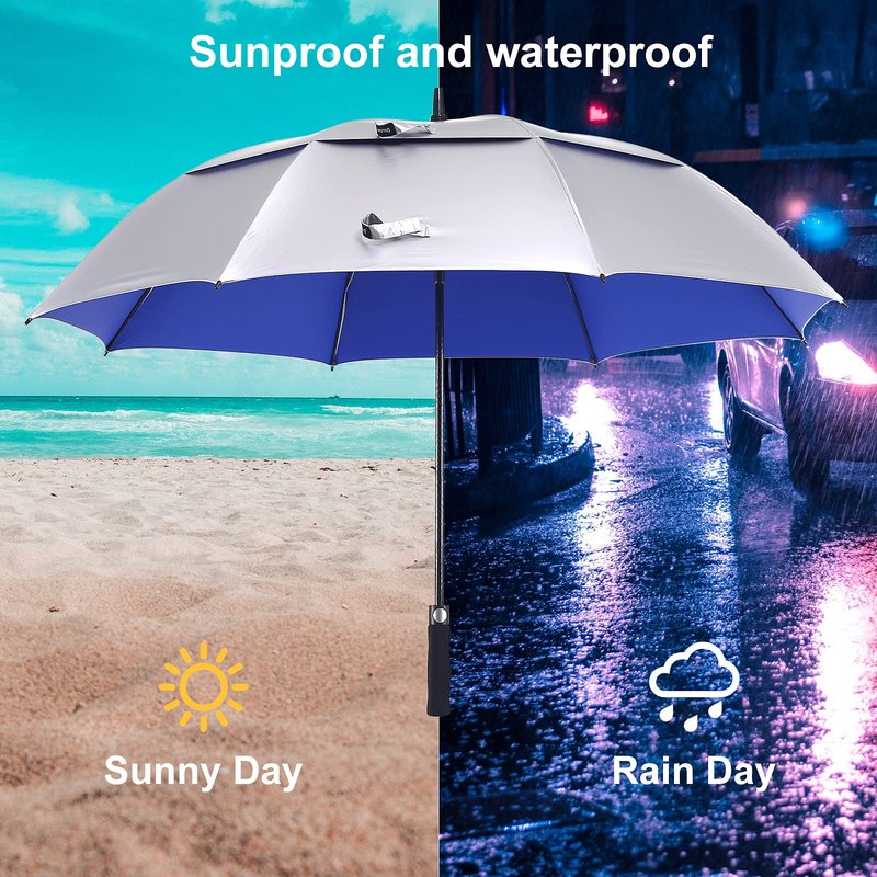 Doubwell UV protection golf umbrella 62/68 Inch UPF 50+ large umbrella automatic open windproof sturdy construction shade for blocking sun and rain (68 inch, Silver/Blue)