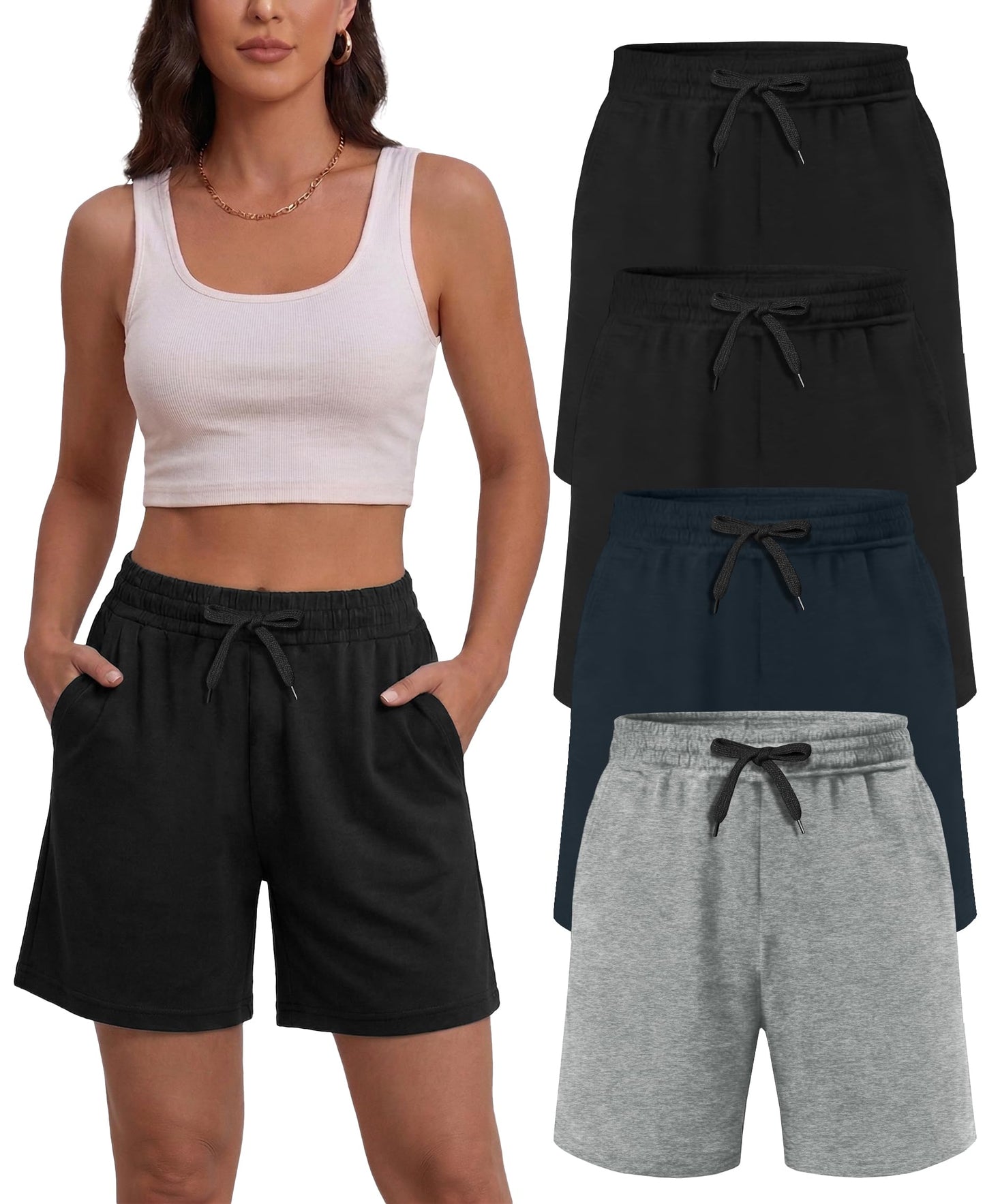 Dalavch 4 Pack Women's Summer Sweat Shorts Cotton Comfy Drawstring Shorts for Casual Lounge Sport Athletic with Pockets 2 Black 1 Pitch Blue 1 Heather Grey Large