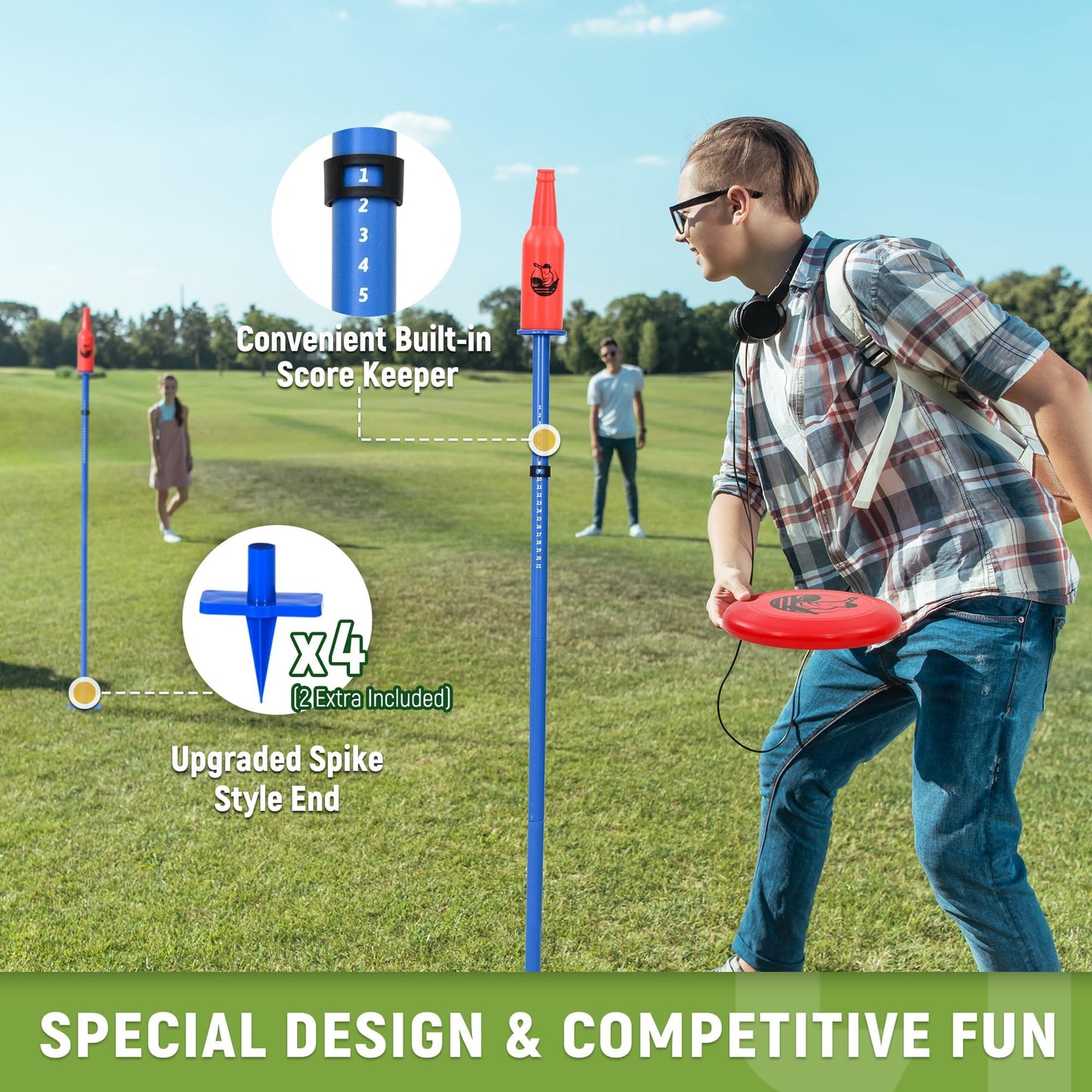 ropoda Outdoor Games -Upgraded Flying Disc Game Set with Thicker Pole Standard, Portable Disc Toss Game for Lawn and Beach with Reinforced Ground Spike (Includes 2 Extra)