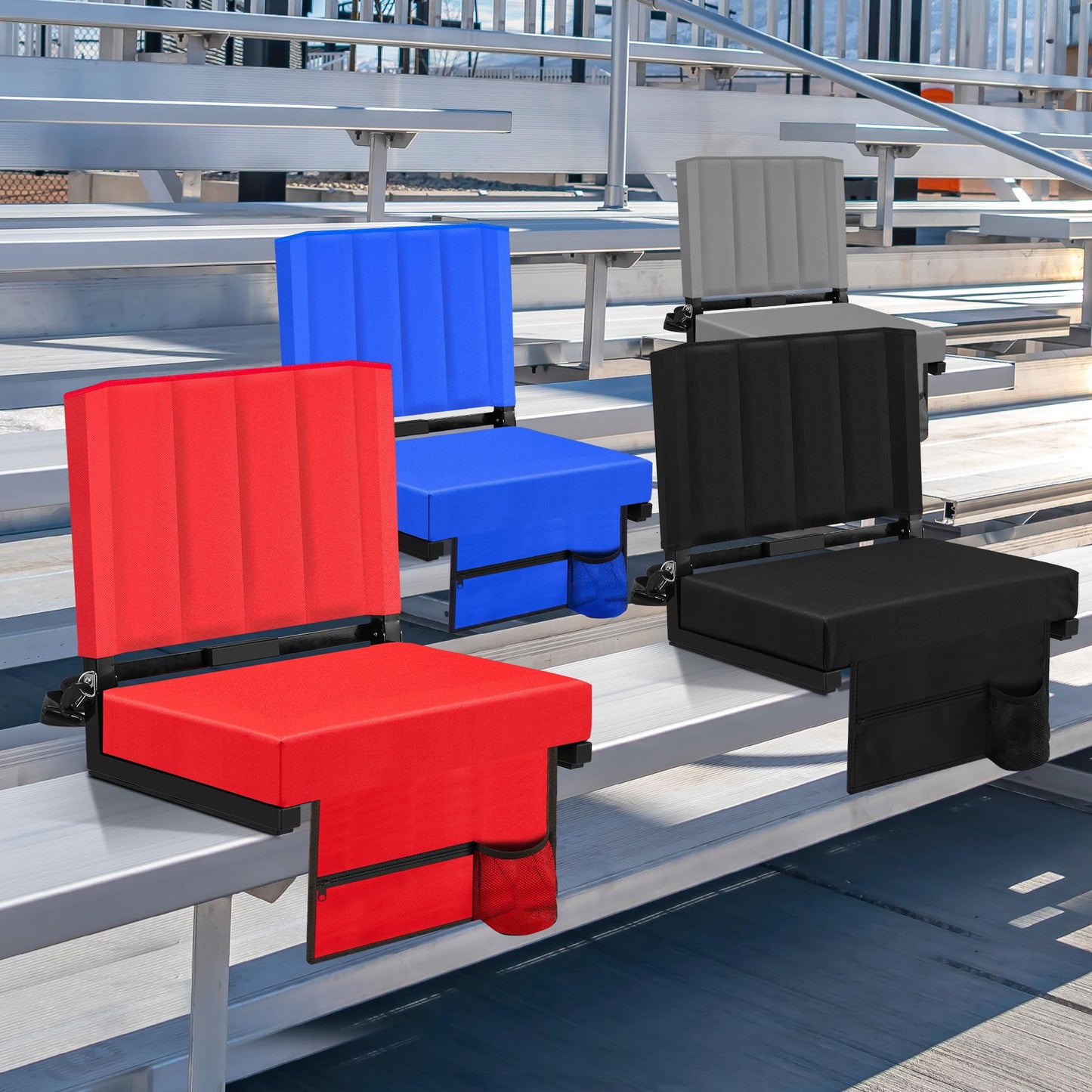 Eusuncaly Stadium Seat for Bleachers with Back Support and Wide Comfy Padded Cushion, Foldable Stadium Seats Chairs with Shoulder Strap and Storage Pockets, Bench Chair for Bleachers