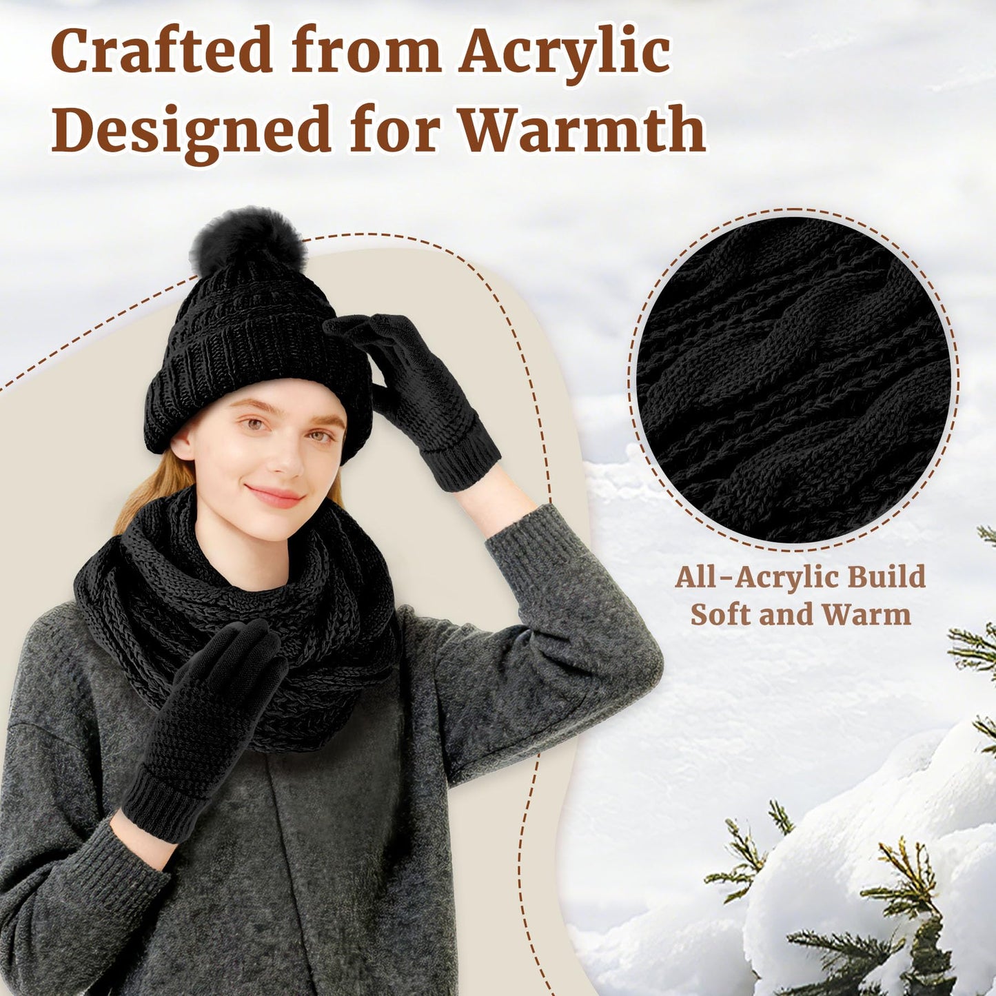 Yeendibo Winter Hat Scarf Gloves Set for Women, Warm Knit Beanie,Touch Screen Gloves and Soft Neck Warmer, 3-Piece Acrylic Knit Winter Bundle(Black)