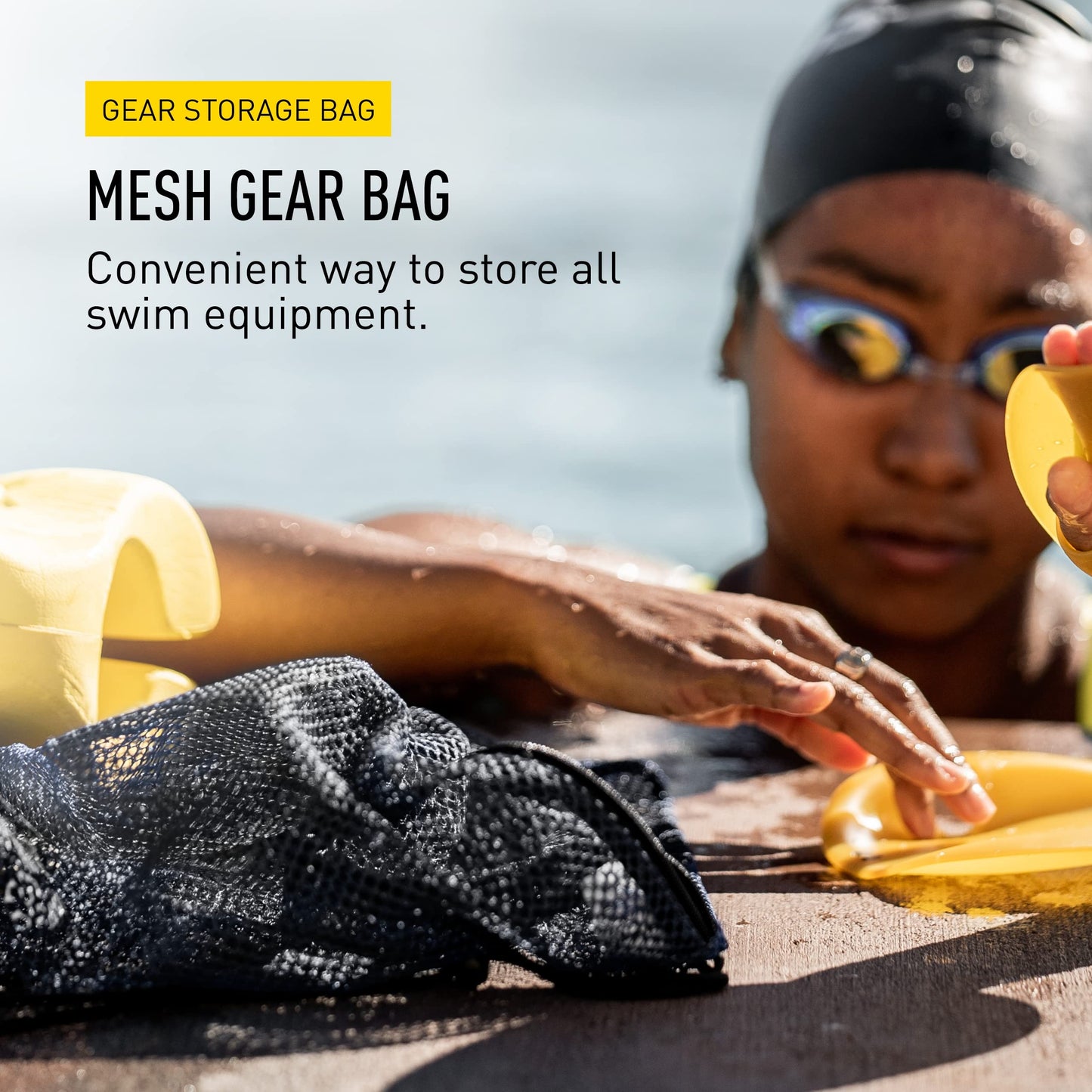 FINIS Mesh Gear Bag - Mesh Swim Bag for Swim Gear and Accessories - Pool Bag to Hold Goggles, Swim Fins, and Snorkels - Black