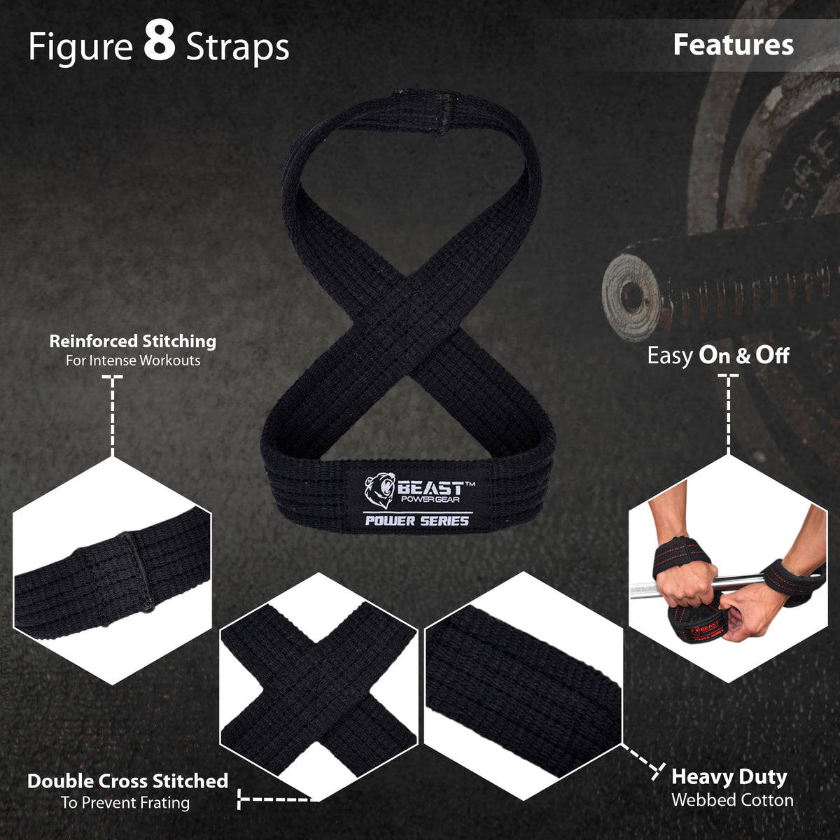 Beastpowergear Figure 8 Strap | Heavy Duty Deadlift Weight Lifting Power Wrist Strap | Weightlifting Powerlifting Shrugs Workout Men Women (Black, Medium 12” (Up to 8.5 Wrist Circumference))