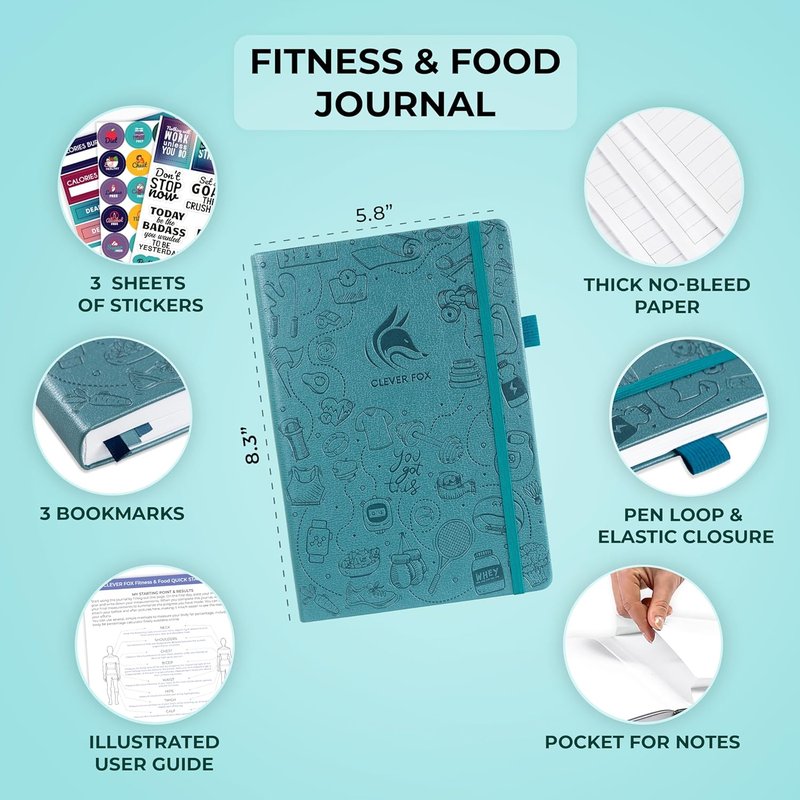 Fitness & Food Journal - Nutrition & Workout Planner for Men & Women | A5 Hardcover, Undated, Aquamarine