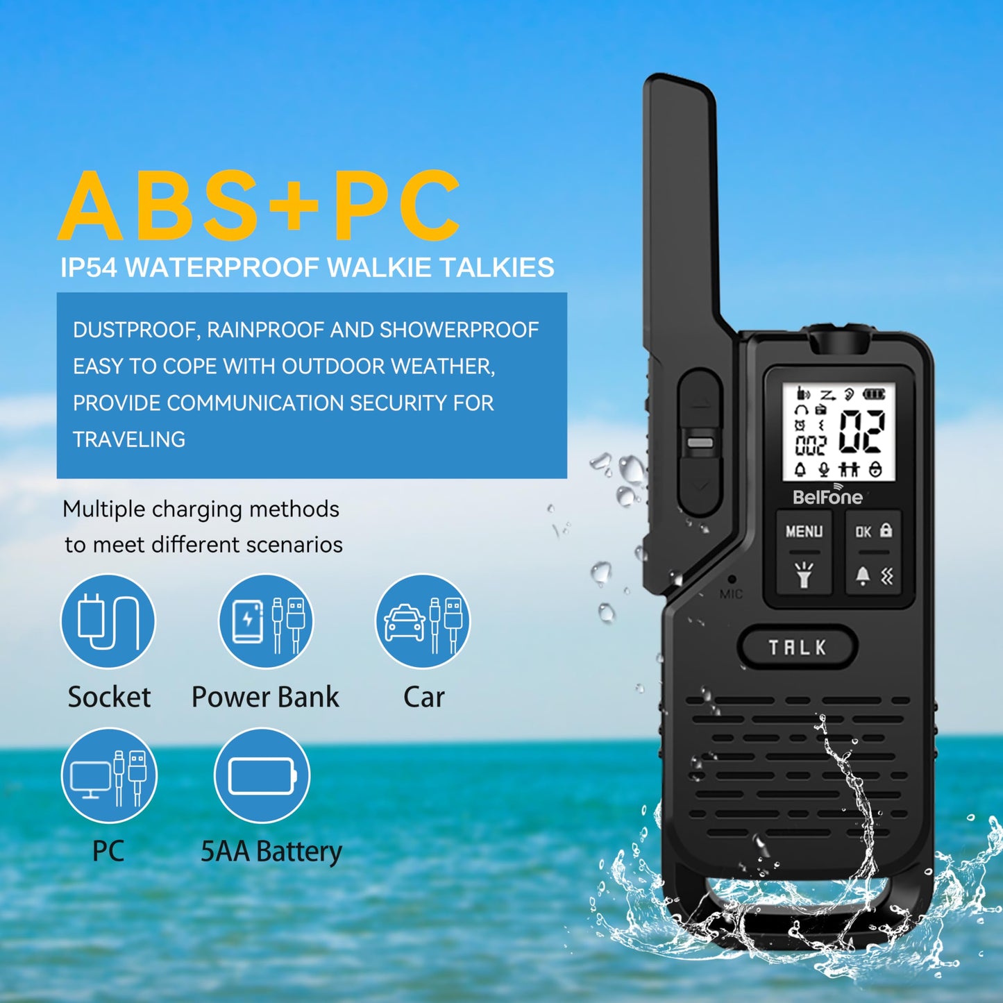 BelFone OG200 Long-Range Walkie-Talkies for Adults,5 Mile Range, 20 Channels, IP54 Waterproof, Built-in Flashlight, Stopwatch, Compass & NOAA,SOS for Outdoor,Camping & K12 School Use（2 Pack）