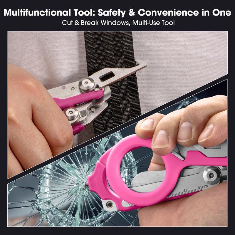 Lemasa-6in1 Multi functional Trauma shears, Foldable trauma shear, Nurse's Multi functional Emergency Scissors, Outdoor Tactical Scissors, Pink Trauma shears, Comes with Adjustable Wrench (Pink)