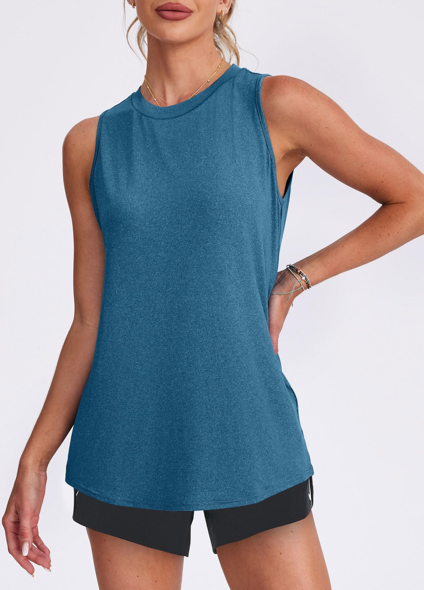 Womens Summer Tops Yoga Sleeveless Workout Tops High Neck Plus Size Athletic Running Shirts Deep Blue XL