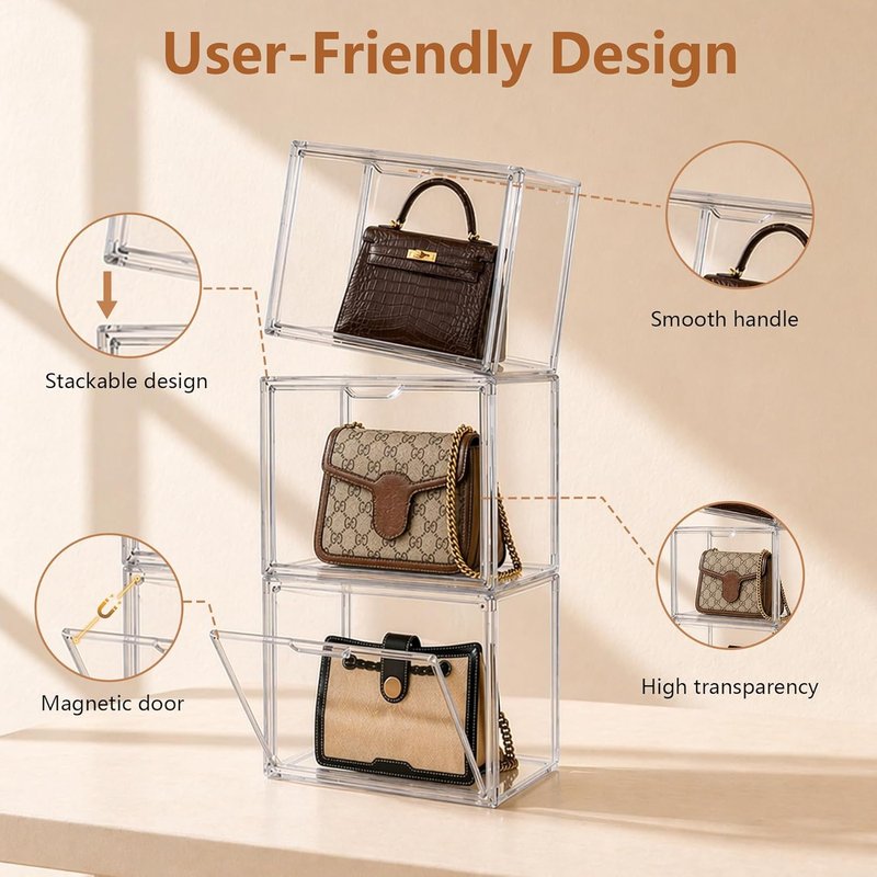 Clear Acrylic Handbag Organizer - 3-Piece Closet Storage Solution with Magnetic Door for Purses, Wallets & Cosmetics