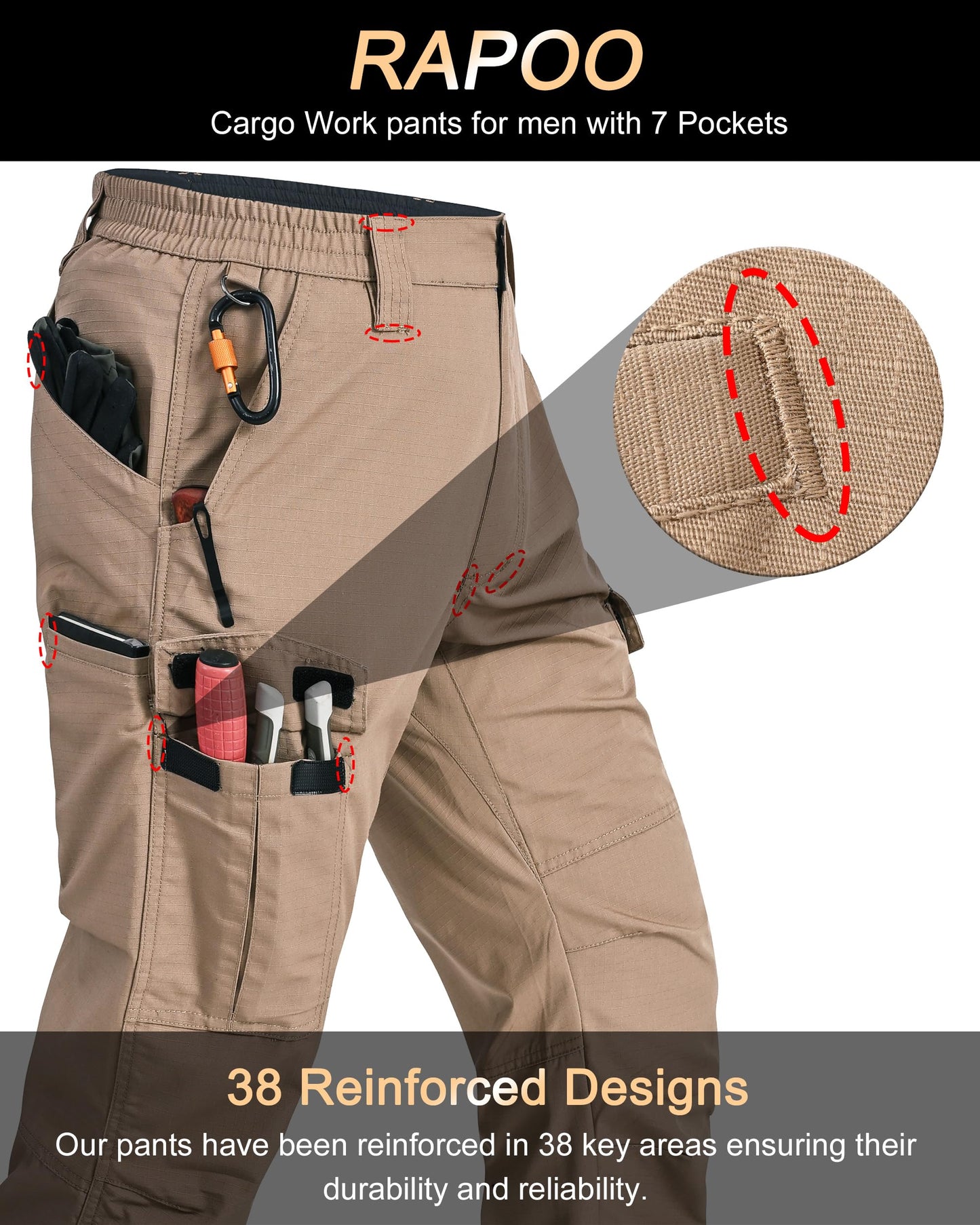 Rapoo Cargo Work Pants for Men Military Army Casual Hiking Pants for Men with Multi Pockets Elastic Waist Mens Ripstop Construction Carpenter Pants Khaki 34Wx32L