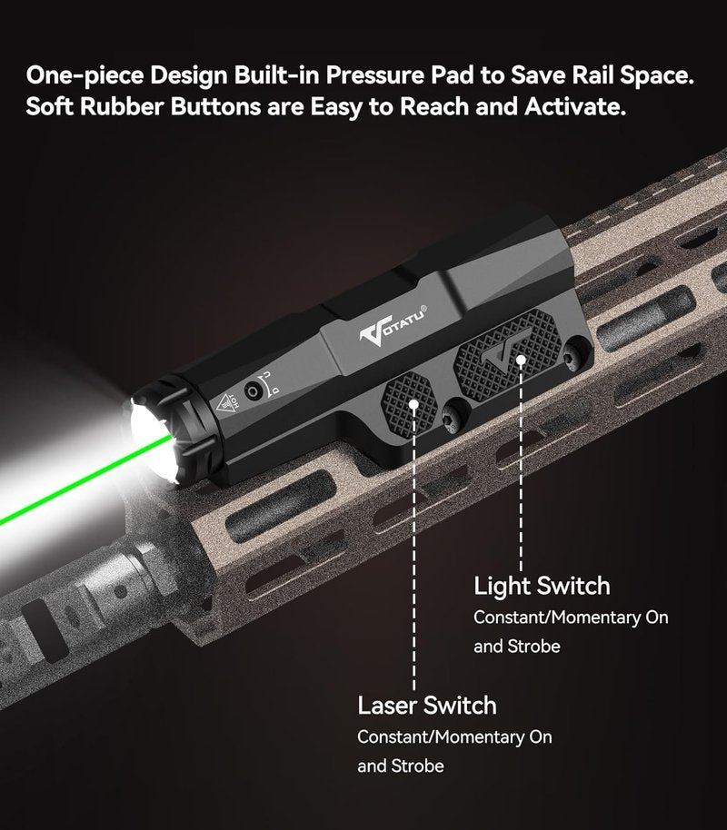 VOTATU 3000 Lumens Laser Light Combo - Strobe Flashlight & Green Laser for Mlok/Picatinny | USB Rechargeable
