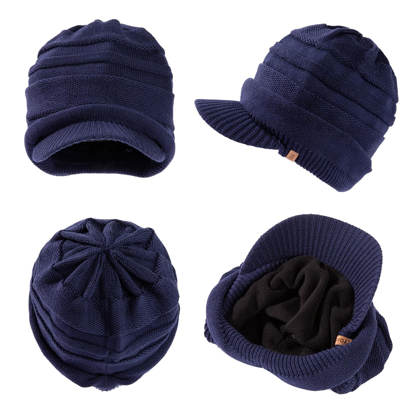 TOP-EX Waterproof Merino Wool Visor Beanie Winter Hat with Brim for Men Women, Knit Cap Bill Beanies Stocking Fleece Lined Cold Weather Protection Outdoor, Navy XL XXL Extra Large Big Head Oversize