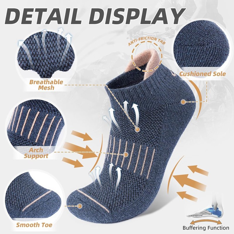 Merino Wool Ankle Hiking Running Socks - Breathable Compression Athletic No Show | 6 Pairs for Men & Women