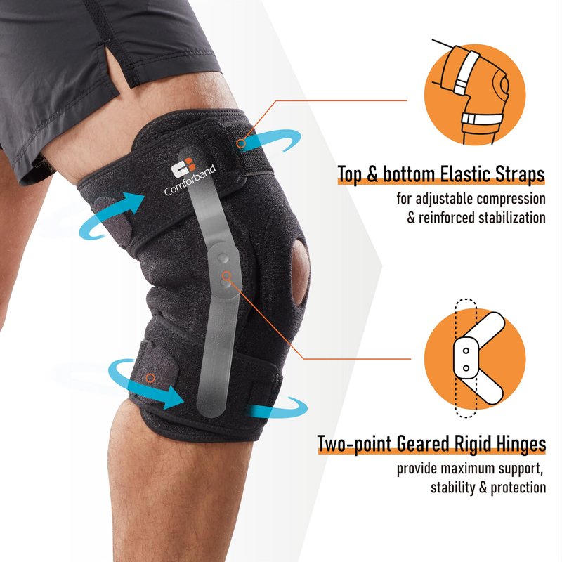 Comforband Adjustable Hinged Knee Brace – Dual Side Hinges for ACL, PCL, MCL Injury Support, Meniscus Tear, Arthritis Pain Relief, Post-Surgery Recovery (Black, L/XL)