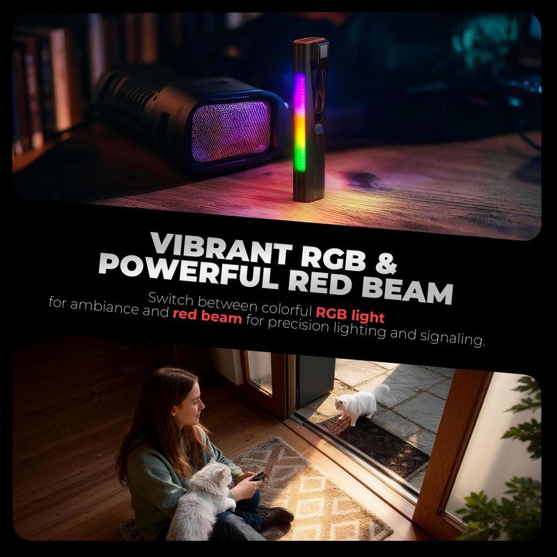 Favourlite Flat Rechargeable Flashlight, 1200 Lumens Magnetic Pocket Work Light with Clip, RGB Side Light & Red Beam, 4 Light Sources for Camping & Emergencies