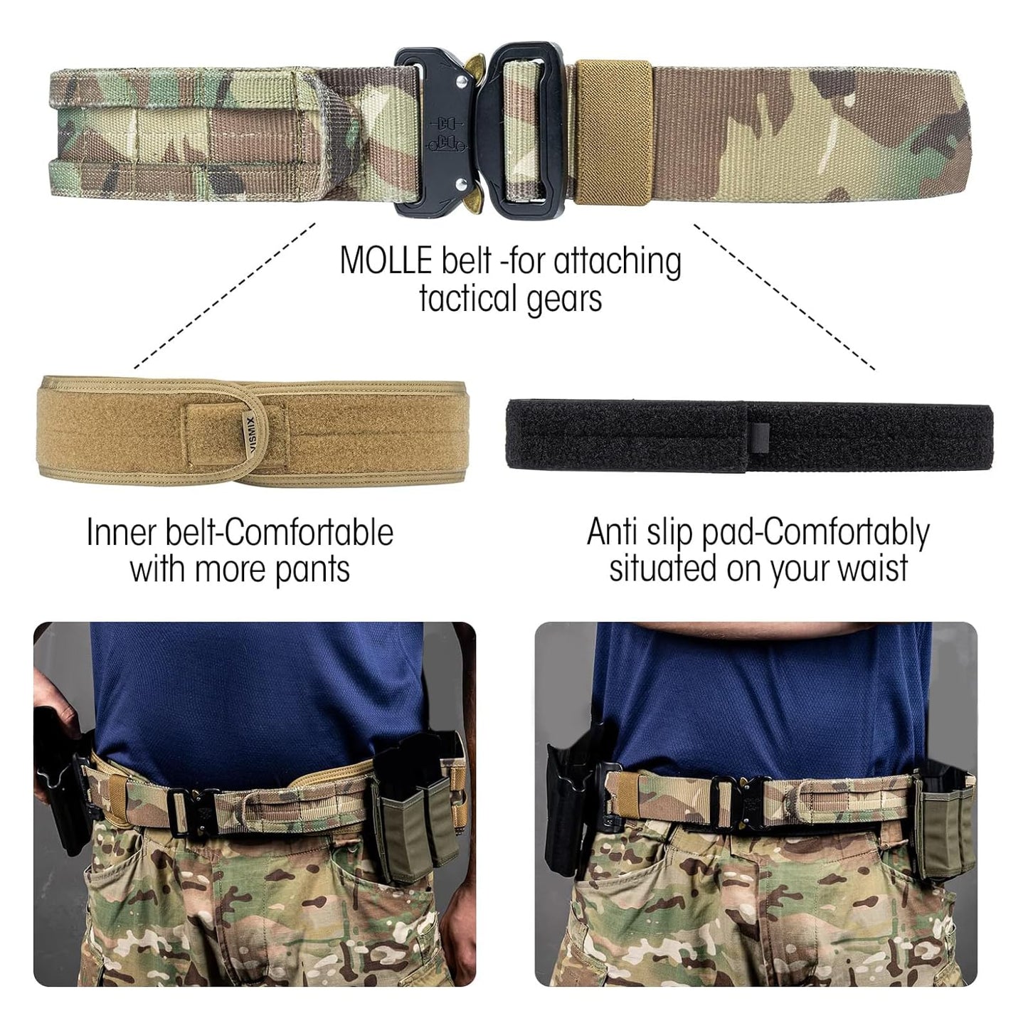 VISMIX Tactical Belt, Quick Release 1.75" MOLLE Battle Belt with Inner Belt and Anti-Slip Pad- Heavy Duty Battle Belts