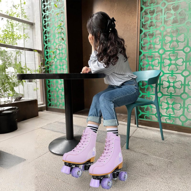 Jessie Roller Skates Women and Girl, PU Leather Light up Kids Roller Skates, Cute Adjustable Four-Wheel Beginner Wome Roller Skates Girls Ages 8-12 Outdoor (Women's 8.5,Purple Printing)