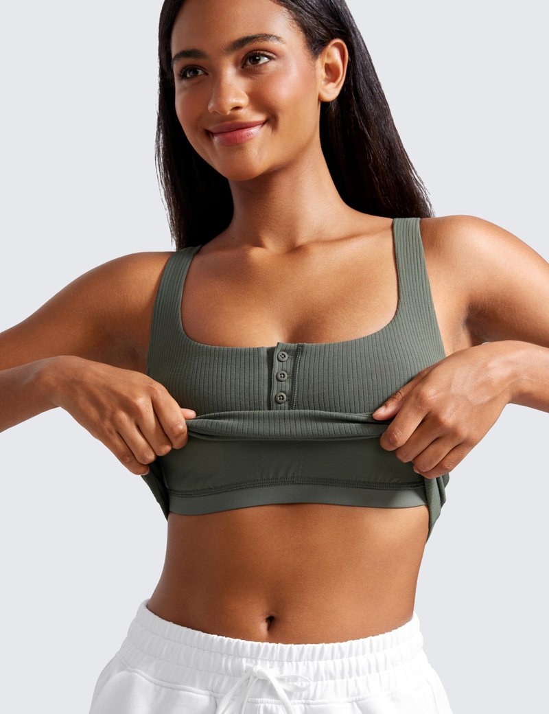 CRZ YOGA Ribbed Henley Crop Tank Tops for Women - Square Back Padded Yoga Workout Longline Sports Bras Grey Sage Medium