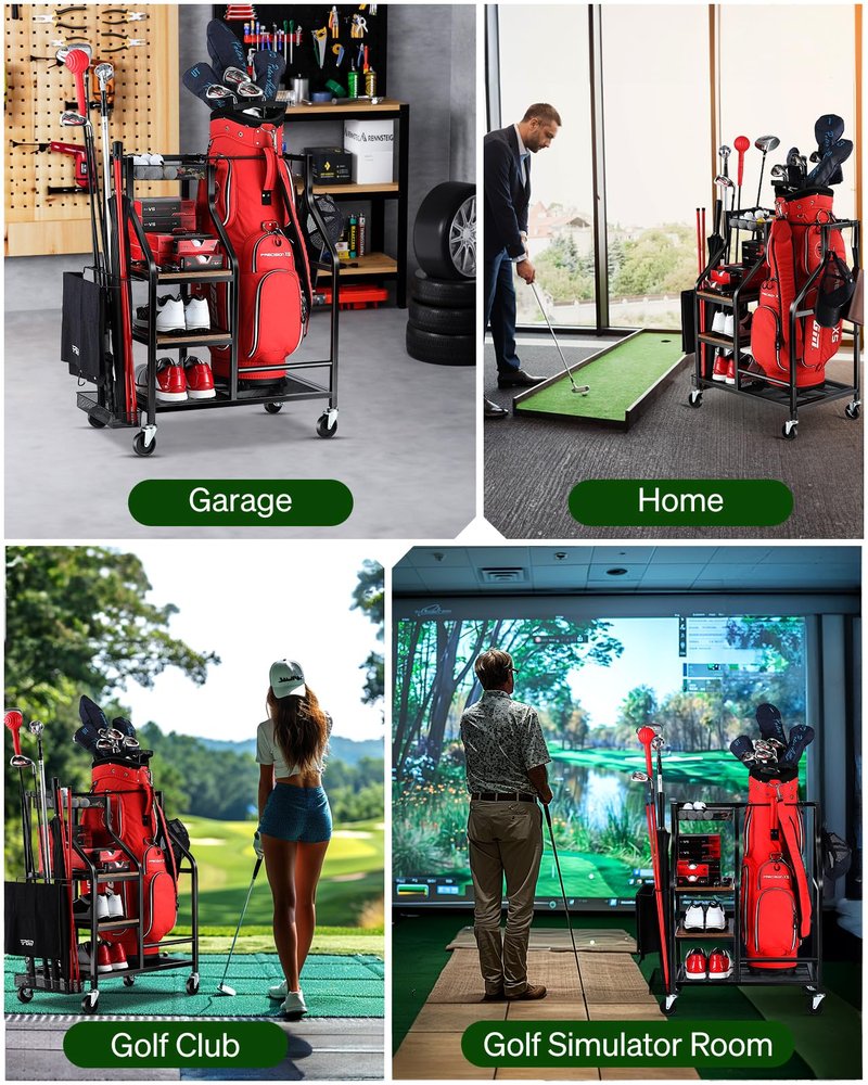 FHXZH Golf Bags Storage Garage Organizer Golf Bag Stand for Golf Bags, Clubs, Balls, Golf Equipment Accessories, Golf Bag Storage Rack with Wheels for Garage, Club, Basement (1 Golf Bag Organizer)