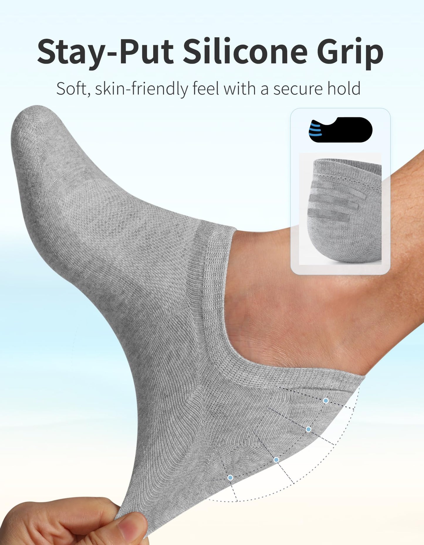 CLOSEMATE Mens No Show Socks Cotton Thin High Elasticity Low Cut Ankle Socks with Non Slip Grips 6 Pairs (6Grey, Size XL)
