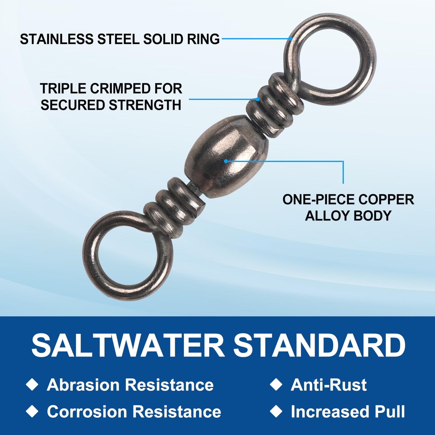 Fishing Barrel Swivels - 50/100 pcs Rolling Ball Fishing Swivel with Solid Ring Fishing Tackle Accessories Hook Line Connector Copper with Stainless Steel Black Nickle Coated Test Strength 35 - 165lbs