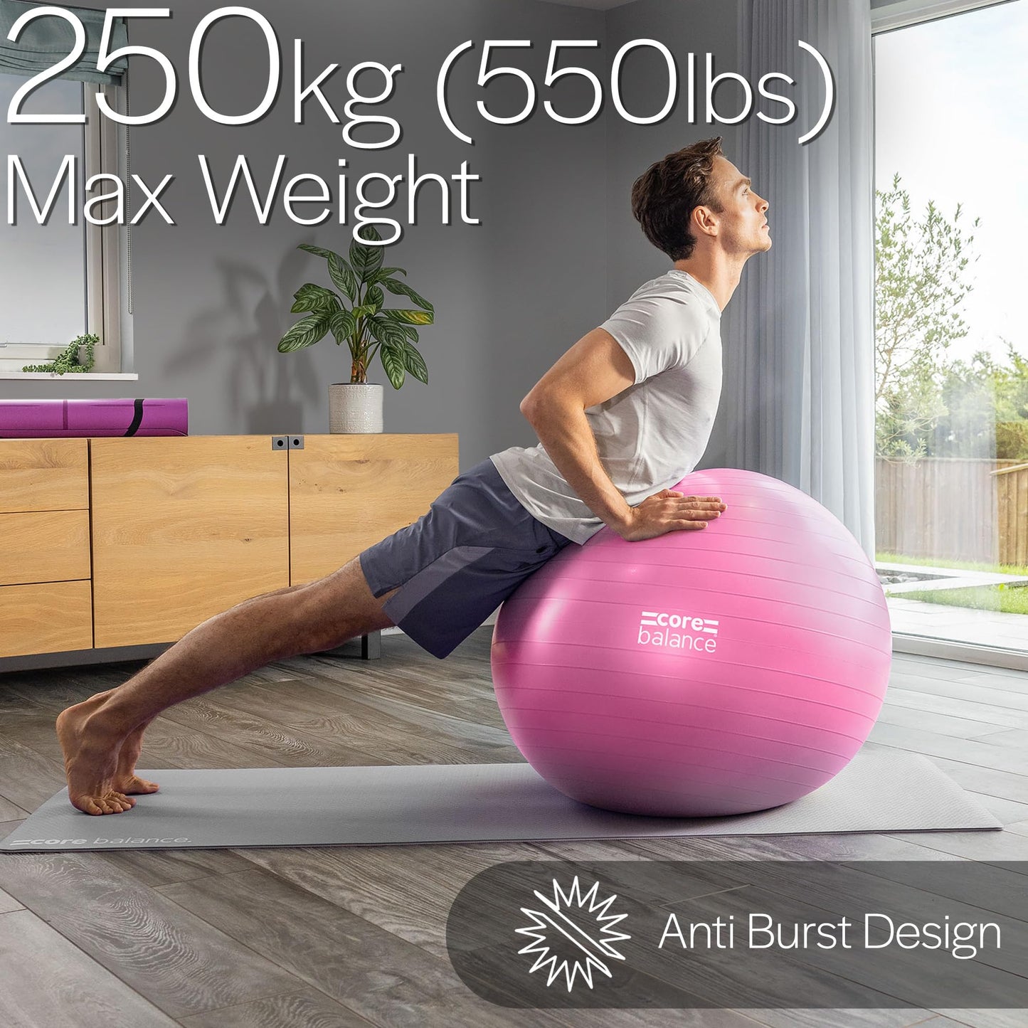 Core Balance Exercise Ball for Workouts, Anti-Burst and Slip Resistant, Swiss Yoga Ball for Pregnancy, Stability, Fitness and Physical Therapy, 4 Sizes, with Pump (25" / 65cm Pink)