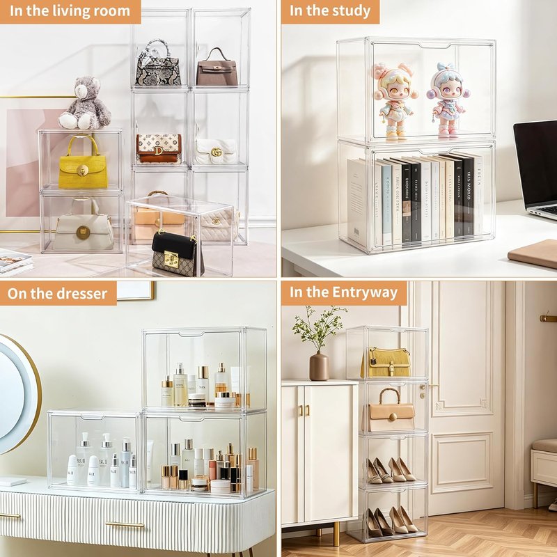 Clear Acrylic Handbag Organizer - 3-Piece Closet Storage Solution with Magnetic Door for Purses, Wallets & Cosmetics