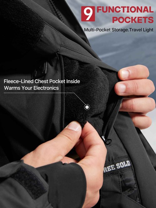 FREE SOLDIER Men's Waterproof Ski Jacket Fleece Lined Warm Winter Snow Coat with Hood Fully Taped Seams(Black,M)
