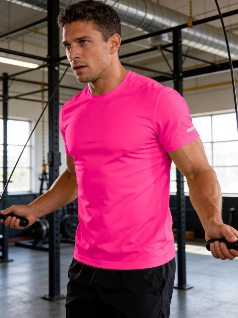 RGJU Workout Shirt Men Moisture Wicking Running T-Shirt(neon Pink,M)