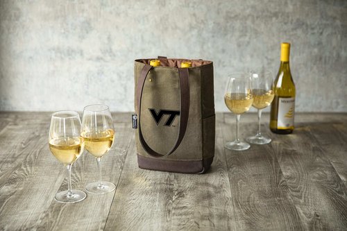 PICNIC TIME 2 Bottle Insulated, Distressed Waxed Canvas Tote, Wine Gift Bag, Khaki Green with Beige Accents