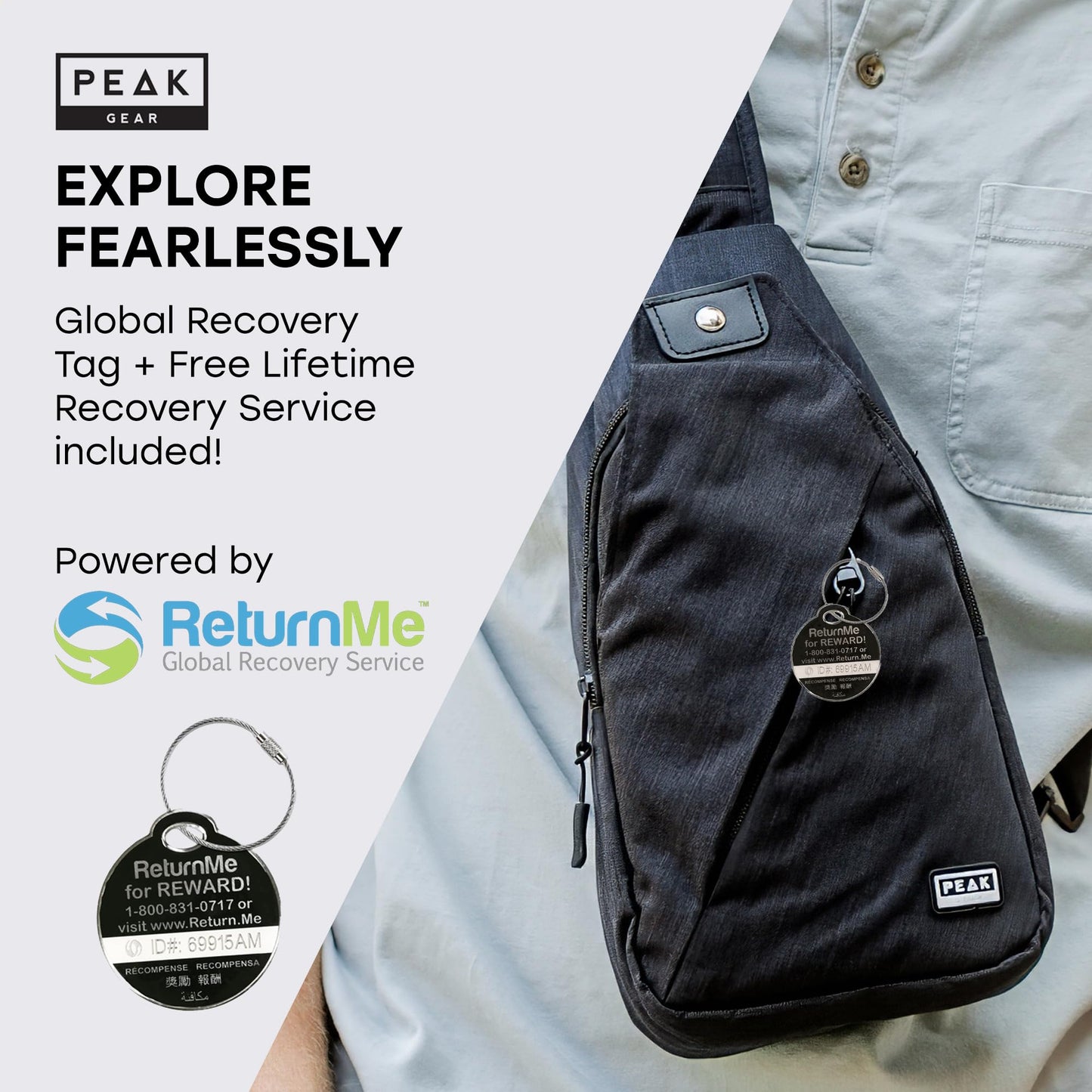 Peak Gear Travel Sling Bag. Compact Crossbody Bag | Lighter and Smaller than a Backpack | Lifetime Lost & Found ID Tag | Black