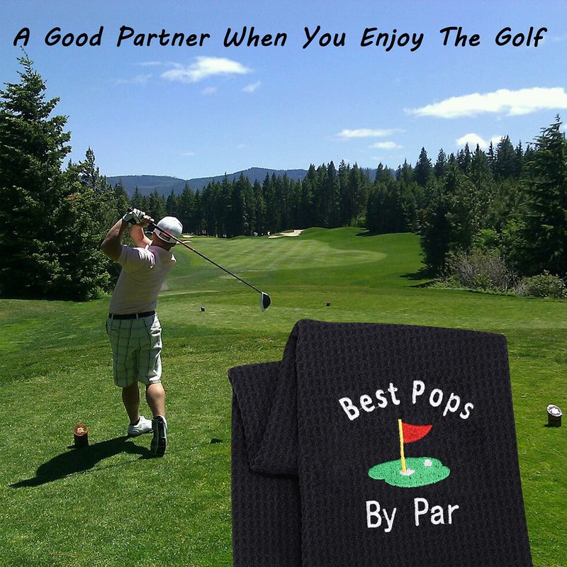 LEVLO Dad Golf Towel Embroidered Golf Towel Gift Golf Father Gift Best Pops/Grampy/Papaw/Opa by Par Golf Towel with Clip (Pops-Black)