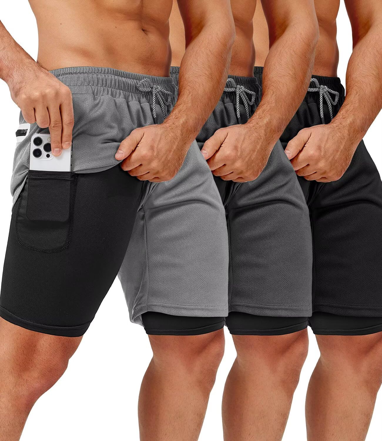 OCYMA 3 Pack Men's 2 In1 Gym Shorts Men with Pockets 7 inch Workout Shorts Men Running Shorts with Liner&Towel Loop
