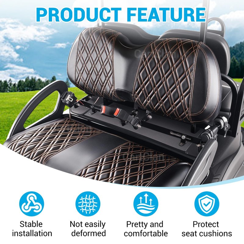 CartClan Golf Cart Seat Covers Suitable for Club Car Precedent Standard Front Seat Cushion, Golf Cart Front Seat Covers Kit No Drilling & Waterproof (Black PVC Leather & Brown Stitching)