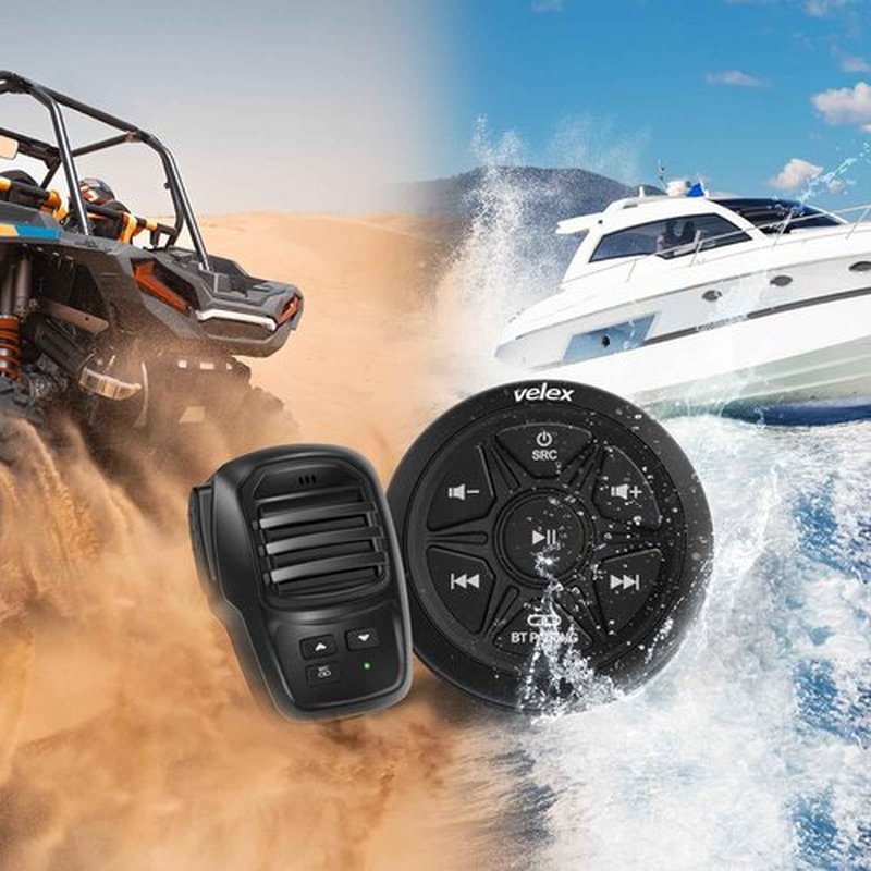 Velex Bluetooth Audio Receiver, Waterproof Marine Amplifier 2 Channel with Rechargeable Handheld Microphone Wireless Range 30 Feets