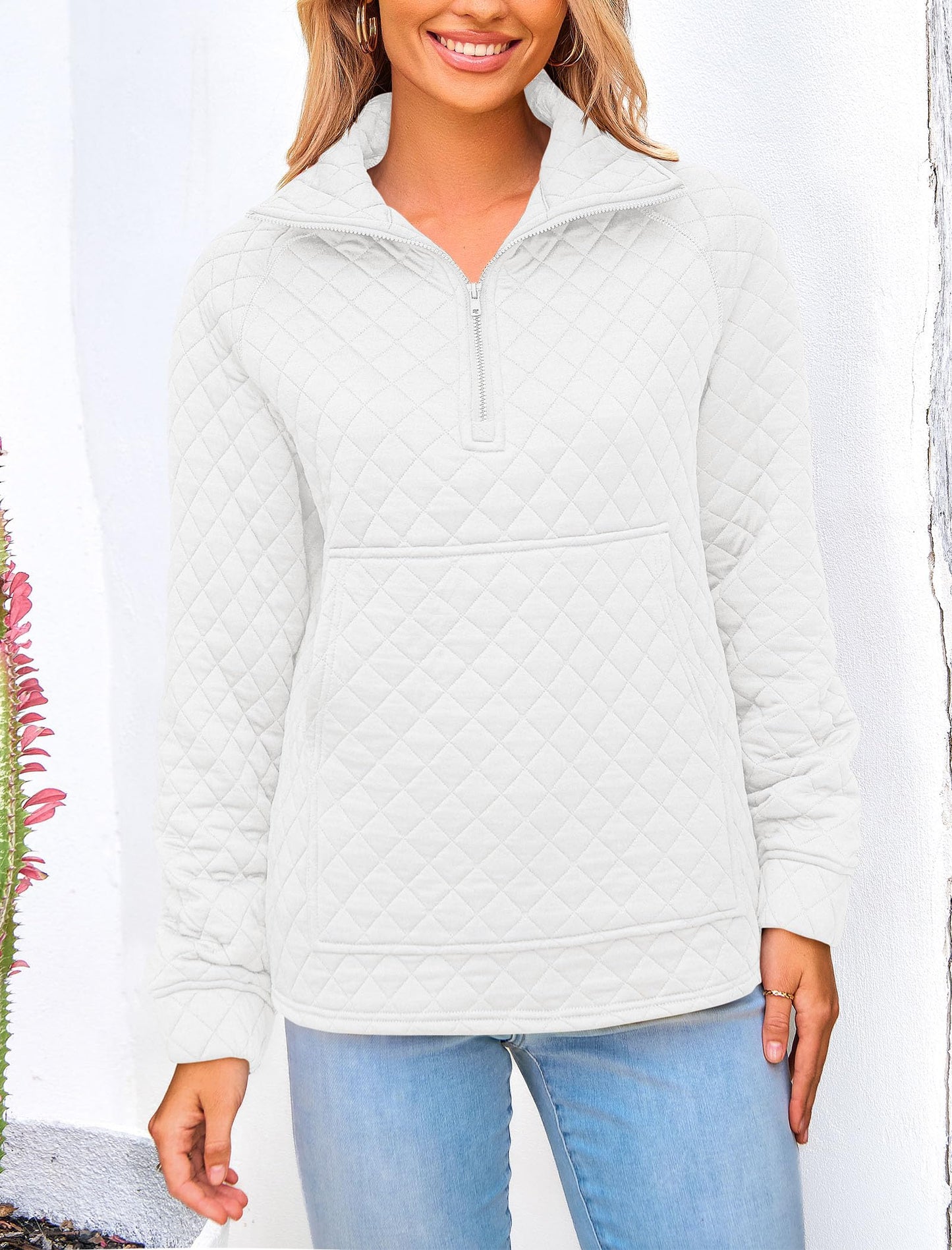 PRETTYGARDEN Women's Winter Quilted Sweatshirt Casual Quarter Zip Collared Long Sleeve V Neck Pullover Tops (White,Large)