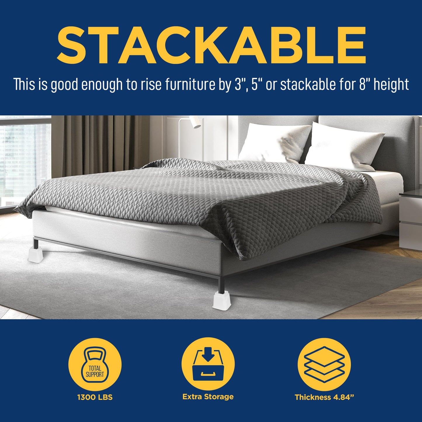 LifeMaster 16pcs Adjustable Bed Risers - 3.5 inch Heavy Duty Furniture Lifts for Sofa, Couch - Creates Under Bed Storage, Sup Ports 1300 lbs - Compatible with Most Furniture - White