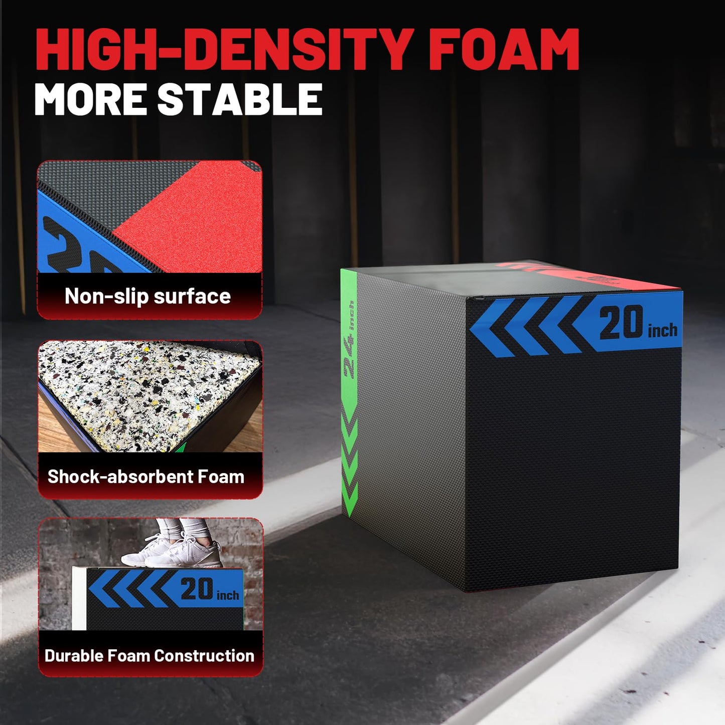3-in-1 Plyometric Jump Box, Anti-Slip, High-Density Foam 12x14x16