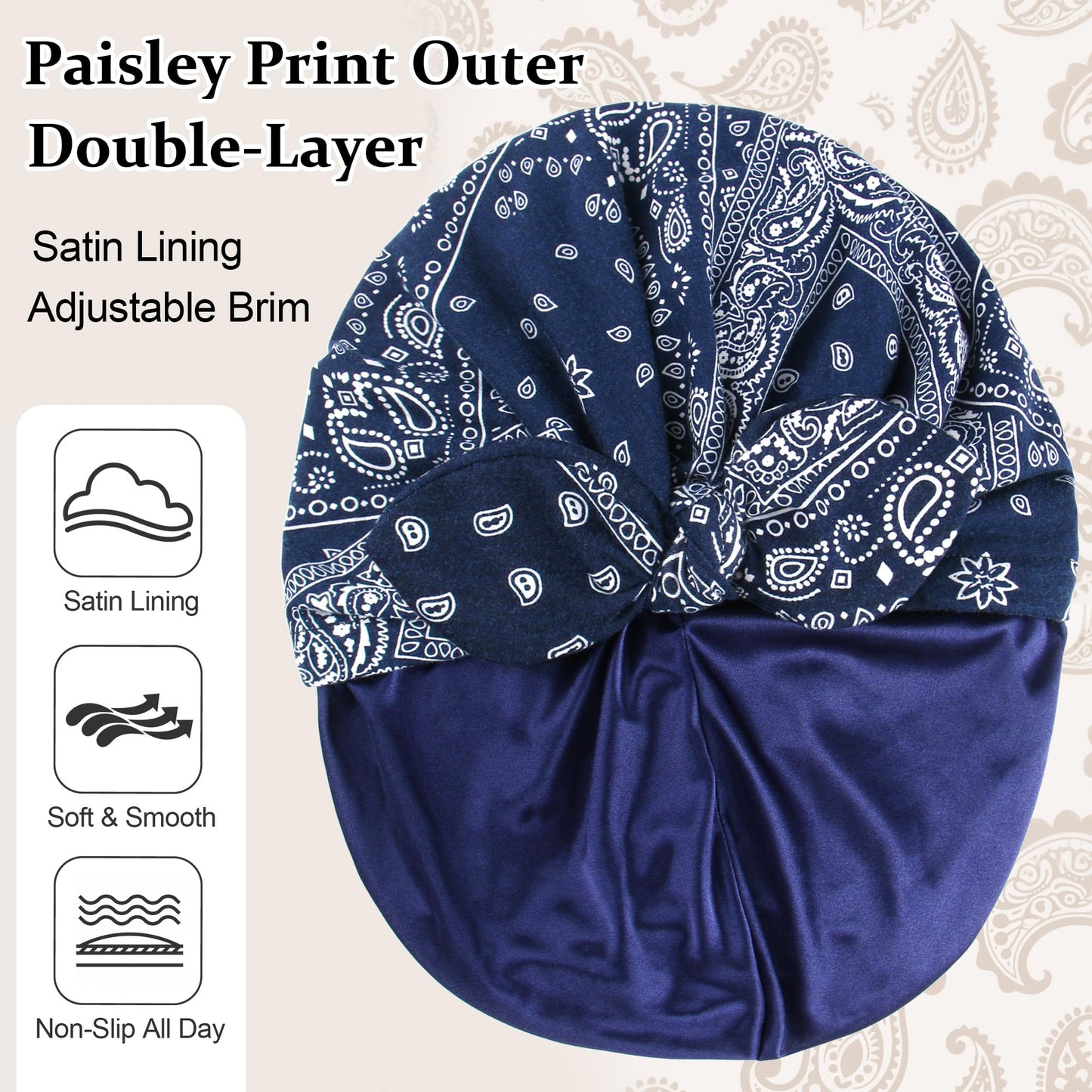 Ababalaya 2PCS Satin Lined Beanies for Women Chemo Headwear Silky Lined Cotton Sleeping Cap (2, 2Navy Blue)
