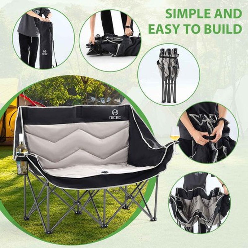 Nice C Loveseat Camping Chair, Double Camping Chair, Outdoor Camping Couch, Oversized Camping Loveseat, Padded Folding Chair for Adults, with Cooler Bag, Wine Glass Holder (Black&Grey)