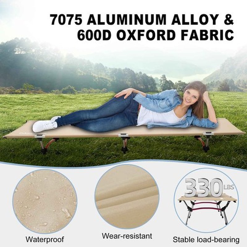 PACOONE 2-in-1 Ultralight Folding Camping Cot with Leg Extenders, Military Camping Cots Bed, Heavy Duty Folding Sleeping Camping Cot for Backpacking Hiking Travel Tent, Support 330 Lbs (Khaki)