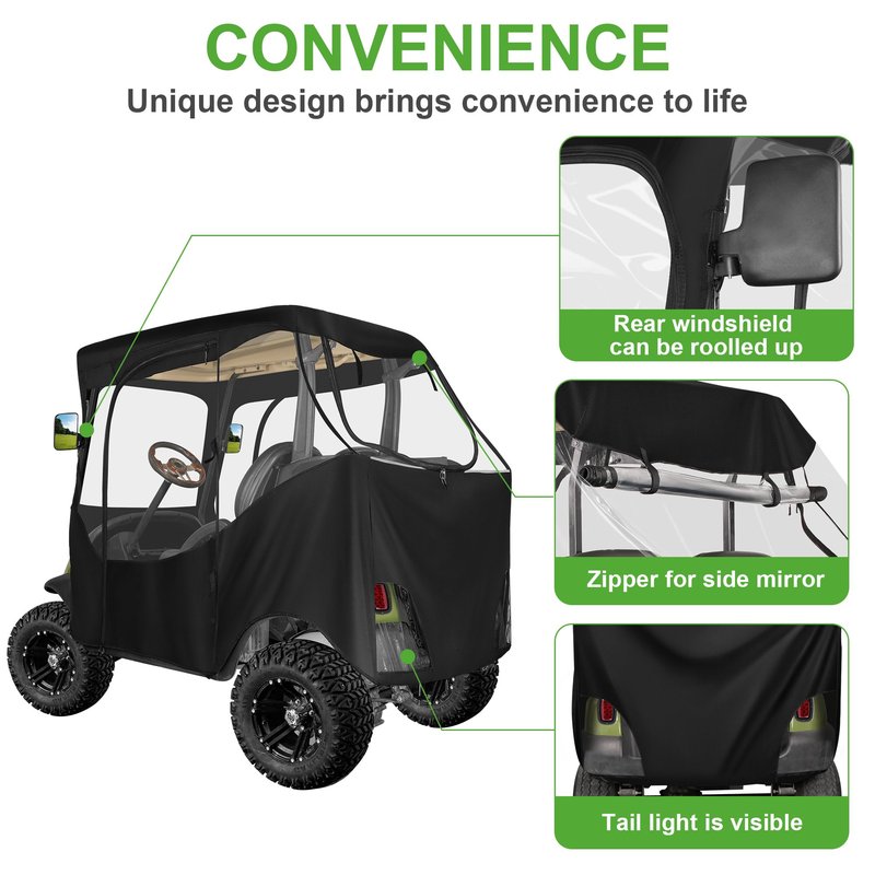 10L0L 2 Passenger Golf Cart Enclosure for Club Car DS & Precedent,Waterproof 600D Rain Cover,with Side Mirror Opening,Transparent Tail Light Panel,Foldable Door,Windshield,4-Sided Clear Windows