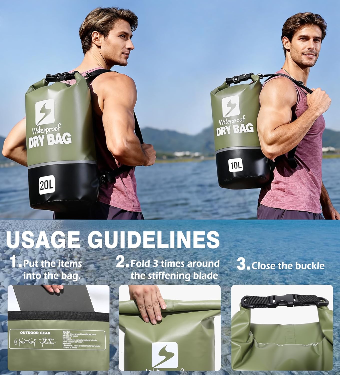 Waterproof Dry Bag - Lightweight Roll Top Backpack for Boating, Kayaking, Travel & Hiking | 10L Adjustable Shoulder Straps
