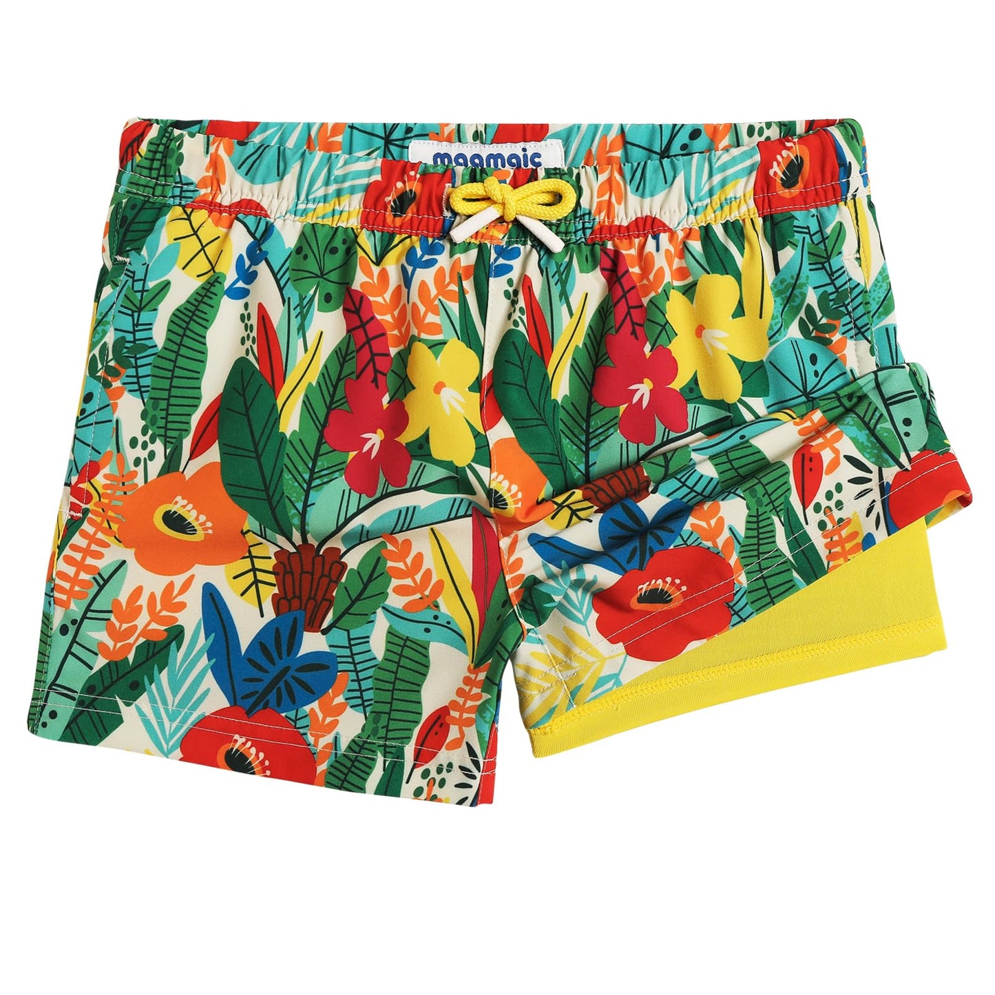 maamgic Boys Swim Trunks with Compression Liner Toddler Stretch Swim Shorts Quick Dry Swimming Trunks Boxer Brief 2 in 1 Beach Shorts Flower Garden 3T
