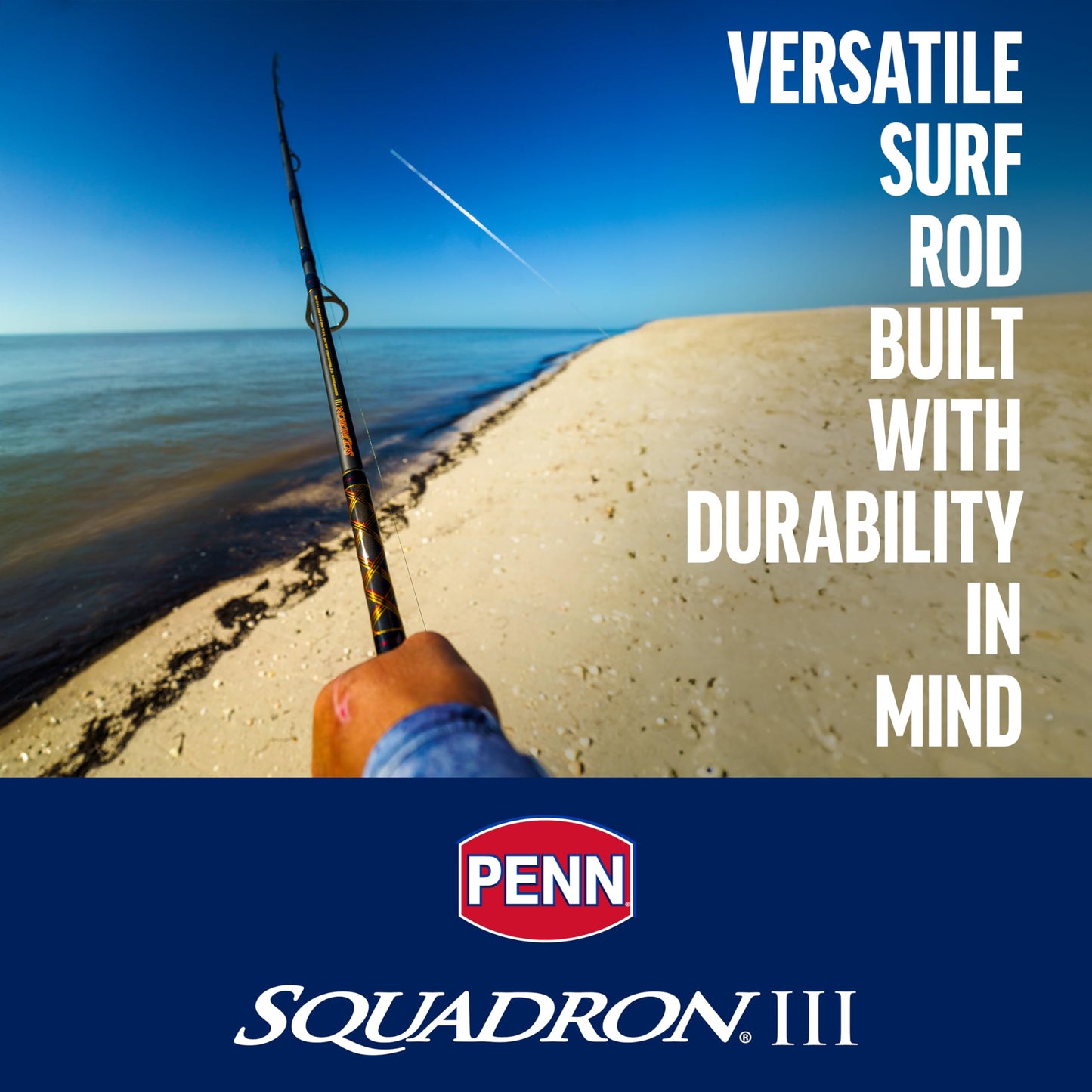 PENN Squadron III 12’ Surf Spinning Fishing Rod; 2-Piece, 20-40lb Line Rating, Heavy Rod Power, Moderate Fast Action, 4-8 oz. Lure Rating, Titanium/Red/Gold