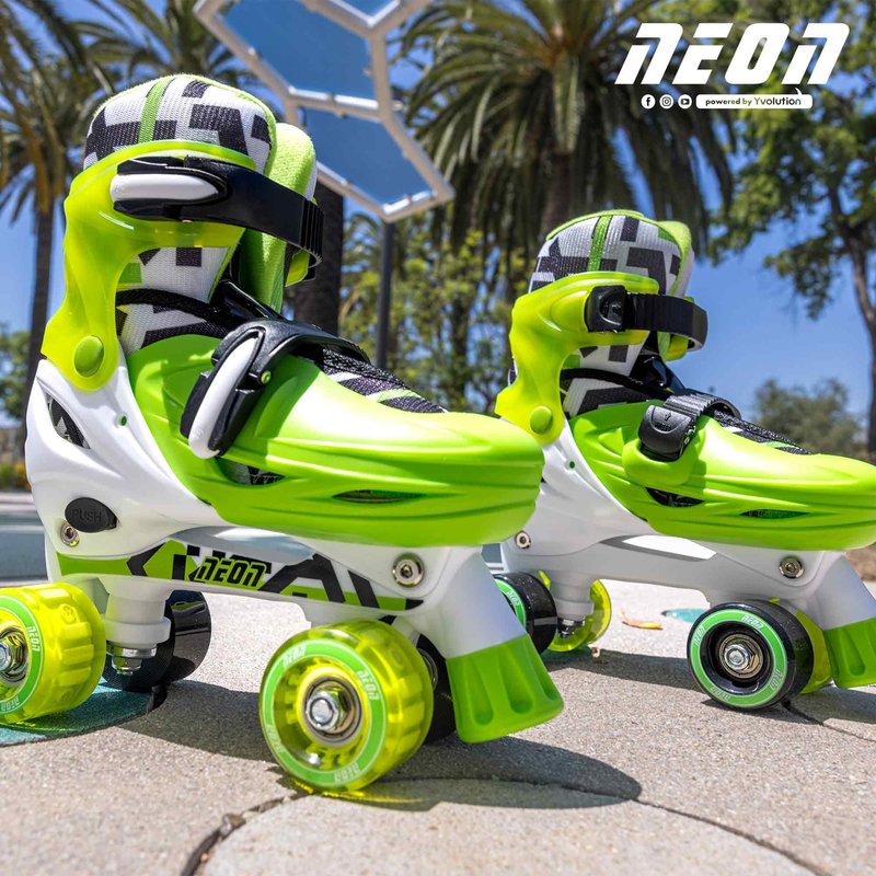 Yvolution Neon Combo Skates | 2-1 Quad and Inline Skates for Kids with LED Wheels | Adjustable Sizing (Green, 12-2)