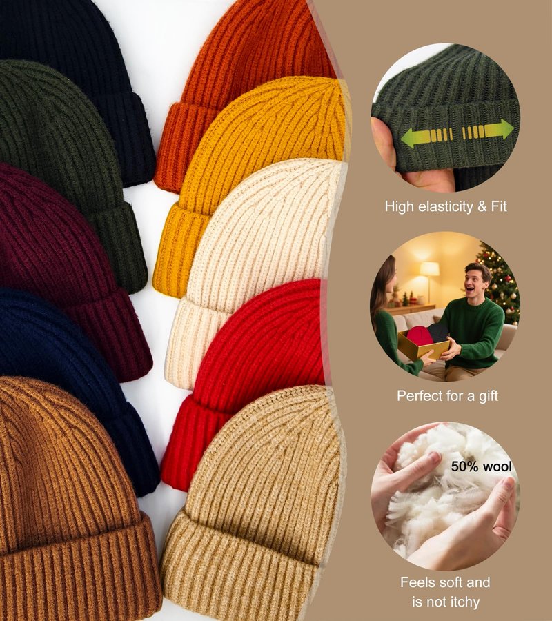 Simapu Wool Fisherman Beanies for Men Women, Short Knit Fall Winter Warm Beanie, Watch Cap, Cuffed Trawler Hats, Skull Caps Black