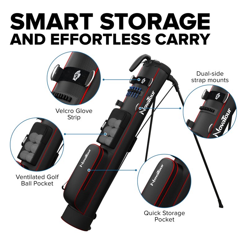 NovaTour Ultra Lightweight Golf Bag for Par 3 and Executive Courses, Smart Storage, Stable Stand, Ball and Tee Holders (Inferno Black/Red)