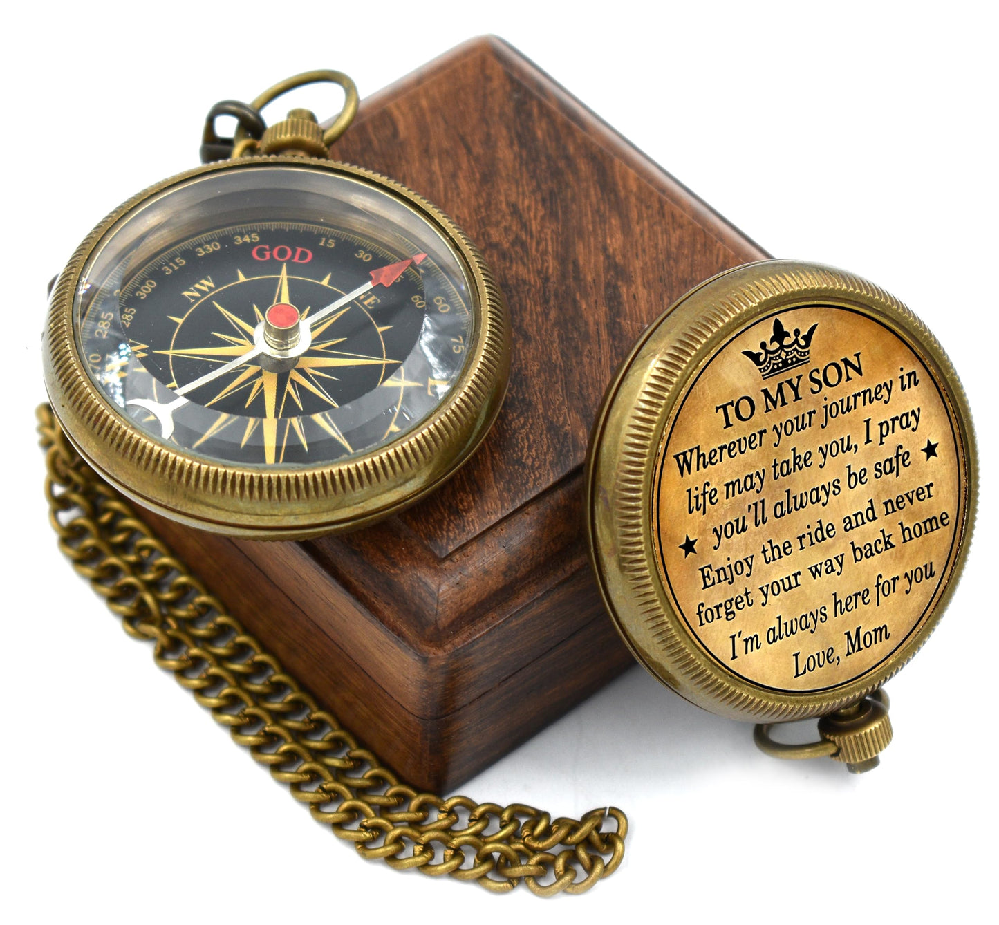 to My Son Compass with Wooden Box-Mom to Son Compass–Mother to Son Gifts-Graduation Day Gifts for Son-Hiking Backpacking Compass-Birthday Confirmation Students Baptism Communion Compass for Women Men