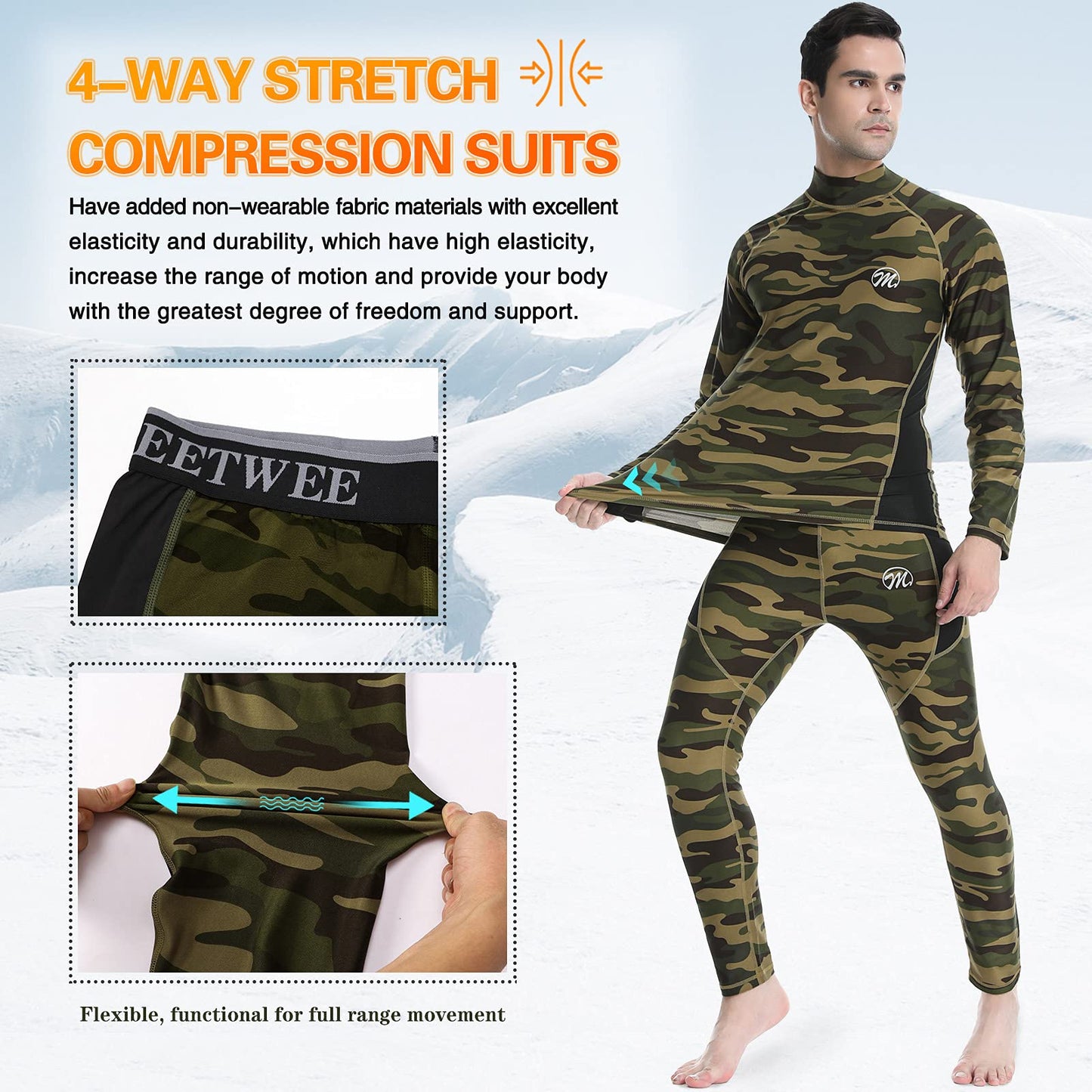 MEETWEE Men's Thermal Underwear Set, Winter Ski Gear Fleece Lined Long Johns Base Layer Warm Top & Bottom for Skiing Camo